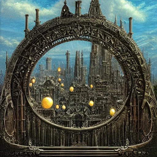 Image similar to ornate by ted nasmith children's illustration. a beautiful kinetic sculpture. i was born in a house with a million rooms, built on a small, airless world on the edge of an empire of light & commerce.