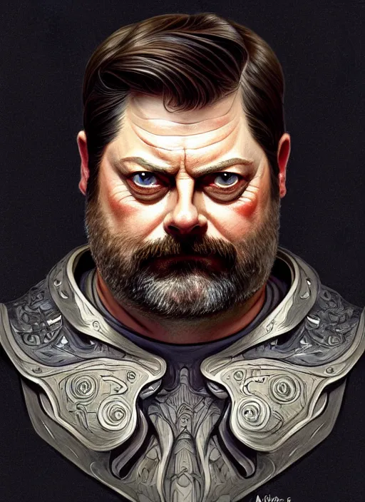 Prompt: portrait of nick offerman as a squid man, d & d, muscular, fantasy, intricate, elegant, highly detailed, digital painting, artstation, concept art, smooth, sharp focus, illustration, art by artgerm and greg rutkowski and alphonse mucha