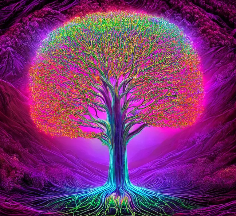 Prompt: magical chromatic glowing tree of life in a hill, centralized, ethereal, rich, fantasy, smooth, sharp focus, high detailed digital art, ultra wide shot, lush colors, by artgerm and alex grey and wes anderson and spike jonze, highly realistic, exquisite ornate metal gothic icon heavy patina, delicate