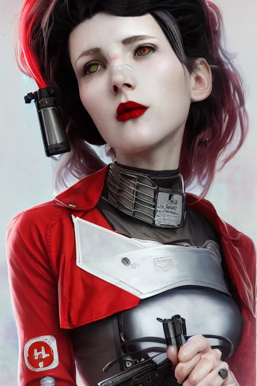 Image similar to covid - 1 9 nurse holding a syringe, wearing cyberpunk nurse armor, black and white and red, by tom bagshaw and alphonse mucha and atey ghailan and artgerm and and greg rutkowski and hajime soriyama, hyper realistic, octane render, trending on artstation