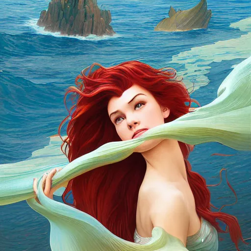 Image similar to Ariel in The Little Mermaid, highly detailed, digital painting, artstation, concept art, smooth, sharp focus, illustration, ArtStation, art by artgerm and greg rutkowski and alphonse mucha and J. C. Leyendecker and Edmund Blair Leighton and Katsuhiro Otomo and Geof Darrow and Phil hale and Ashley wood and Ilya repin and Charlie Bowater