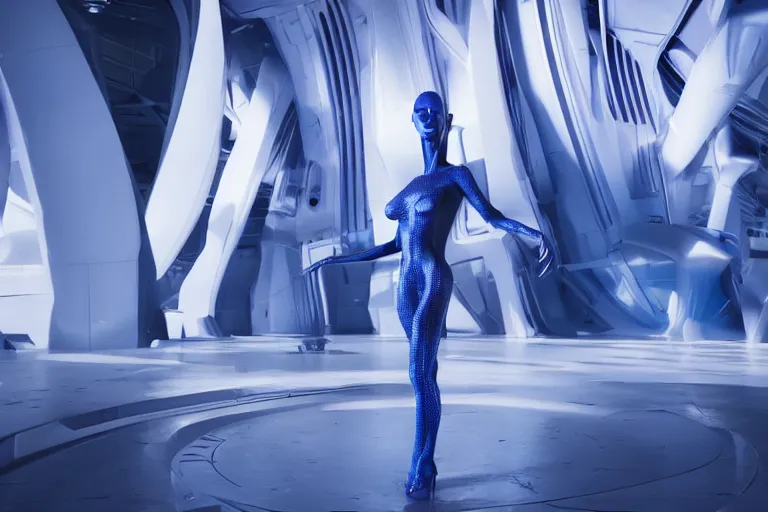 Image similar to vfx movie scene closeup portrait of beautiful blue skin fit skimpy alien woman dancing in sleek futuristic decadent spaceship pillars, futuristic ballroom. giant windows view of earth obit. by emmanuel lubezki