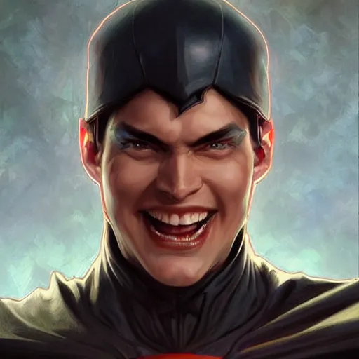 Image similar to character concept, portrait, symmetrical head - on centralized, laughing young man with dark cape. detailed, high quality, dynamic lightning, fantasy, scenematic. artwork by artgerm, wlop, alex ross, greg rutknowski, alphonse mucha