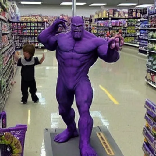 Image similar to thanos looking for his mom at walmart