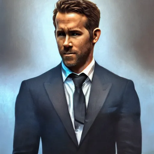 Image similar to ryan reynolds as spider - man, wearing a black and blue suit, cinematic, volumetric lighting, f 8 aperture, cinematic eastman 5 3 8 4 film, photorealistic by greg rutkowski, by stanley artgerm, by alphonse mucha