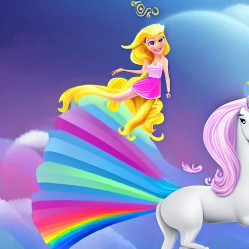 Prompt: a princess with extremely long blond hair from a cartoon riding a unicorn over a rainbow render as pixar movie