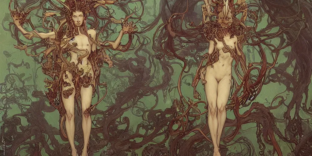 Image similar to epic concept illustration of a fungus demon god with many many arms, by james jean, by artgerm and greg rutkowski and alphonse mucha. uhd, amazing depth, cinematic lighting, glossy wet levitating floating fungus god with arms outstretched.