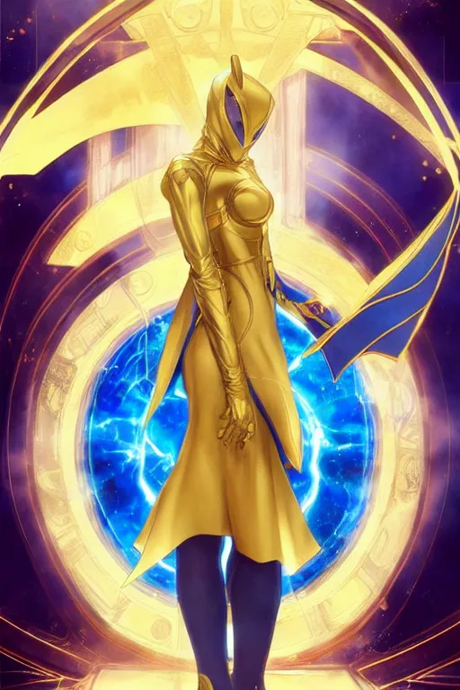 Image similar to anime key visual of a beautiful young female doctor fate!! intricate, gold and blue suit, cape, glowing, powers, dc comics, cinematic, stunning, highly detailed, digital painting, artstation, smooth, hard focus, illustration, art by artgerm and greg rutkowski and alphonse mucha