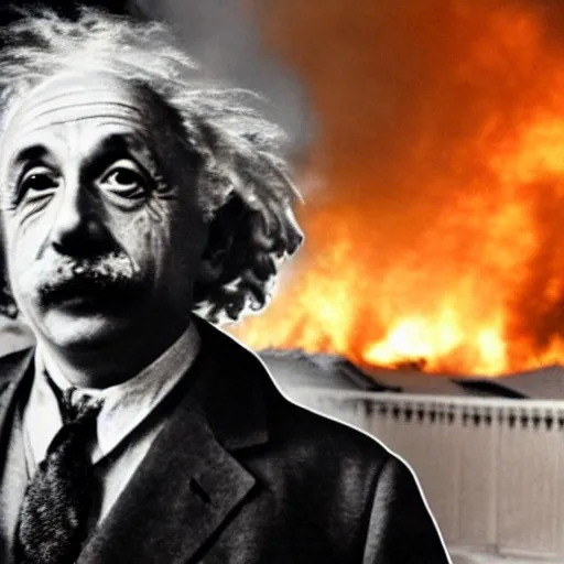 Prompt: a photo of a house burning down in the background and einstein with an eerie expression in the foreground, strong depth of field