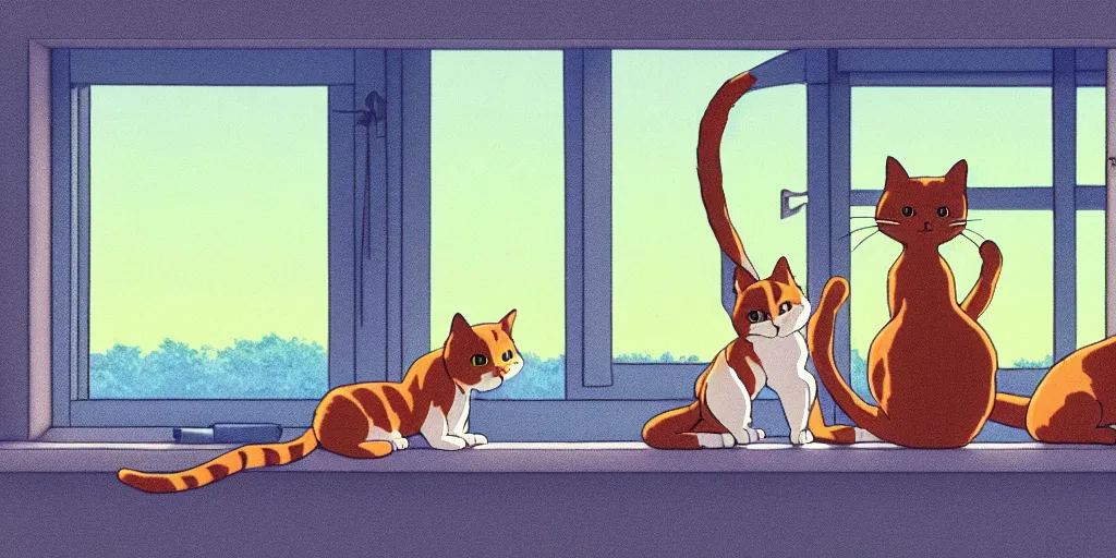 Image similar to a wholesome animation key shot of two cats stretching out in front of a window studio ghibli pixar and disney animation sharp render