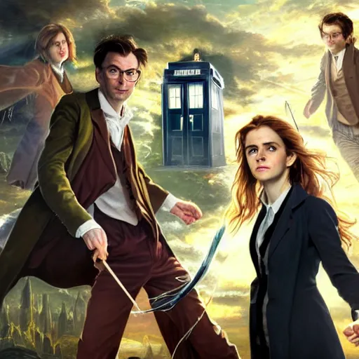 Image similar to david tennant as tenth doctor who and emma watson as hermione granger in tardis, highly detailed, artstation, concept art, fantasy, smooth, sharp focus, illustration, perfect face, art by nikolay makovsky, jacek malczewski, arthur hughes, edward okun, franz xaver winterhalter