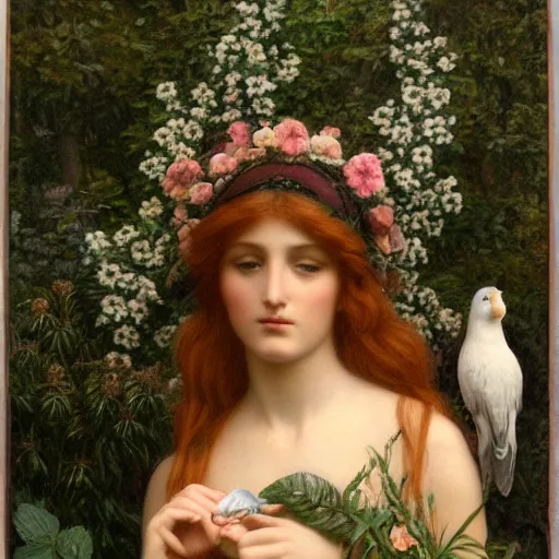 Prompt: Beautiful Pre-Raphaelite goddess of nature holding a little bird, in the style of John William Godward, close-up portrait, head in focus, flowers and plants, etheric, moody, intricate, mystical,