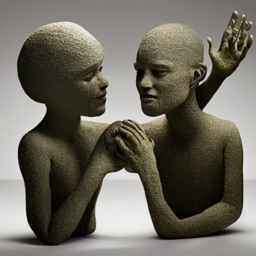 Image similar to ceramic sculptures, soft 3 d render, diffused lighting, two aliens meeting for the first time, touching fingertips, artwork by shary boyle