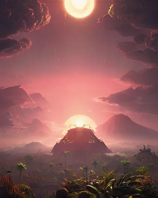 Prompt: beautiful landscape, nier automata, protoss!!, temple!!, machine planet, mothership in the sky, pink sun, tropical forest, colorful light, advanced technology, cinematic lighting, highly detailed, masterpiece, art by bastien grivet and darwin cellis and jan urschel