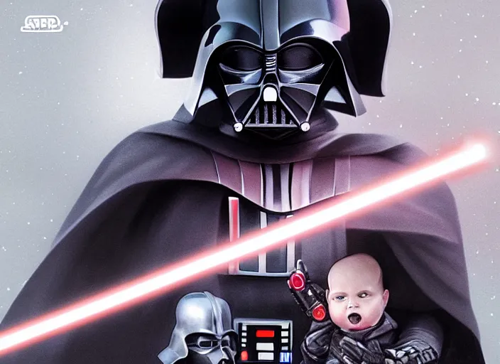 Image similar to a dramatic highly detailed render of darth vader with lightsaber drawn facing off against a cute baby, futuristic star wars vibe, by WLOP and Artgerm and Greg Rutkowski and Alphonse Mucha, Beautiful dynamic dramatic dark moody lighting, shadows, cinematic atmosphere, Artstation, concept design art, Octane render, 8K, masterpiece, sharp focus, hyperrealistic