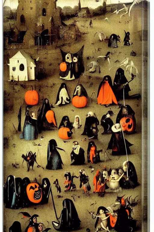 Prompt: Trick-or-treaters during Halloween, painted by Hieronymus Bosch, printed on metal canvas