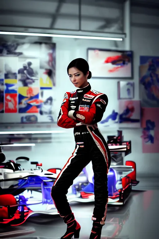 Image similar to portrait beautiful asian female formula one racer, wearing formula one racer uniform, at formula one racing car repair room, ssci-fi, fantasy, intricate, very very beautiful, elegant, human anatomy, neon light, highly detailed, digital painting, artstation, concept art, soft light, smooth, sharp focus, illustration, art by tian zi and WLOP and alphonse mucha
