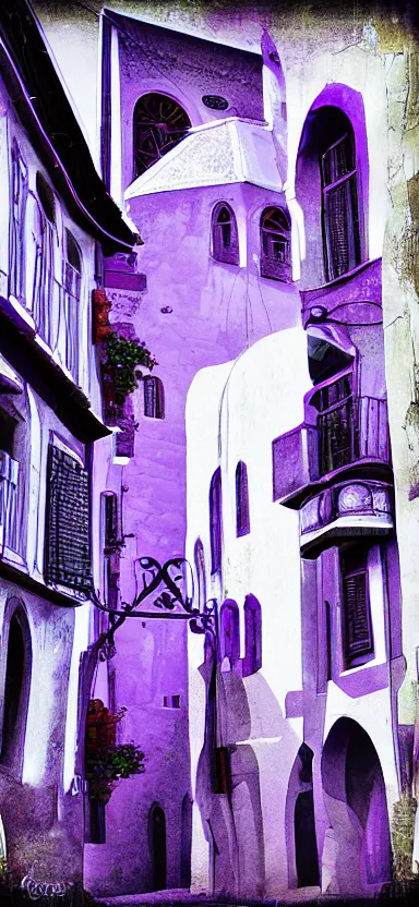 Image similar to “ white and purple medieval city, award winning, digital art ”