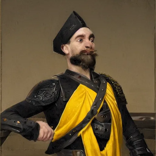 Image similar to Frustrated and acerbic male Imperial sergeant with a short beard wearing a {black and yellow tabard} over a steel breastplate and a black gambeson leaning over a table, by Raymond Swanland Greg Rutkowski Lise Deharm, {perfect face}, {perfect eyes}, {perfect body}, {hands planted on war table while standing}, fantasy