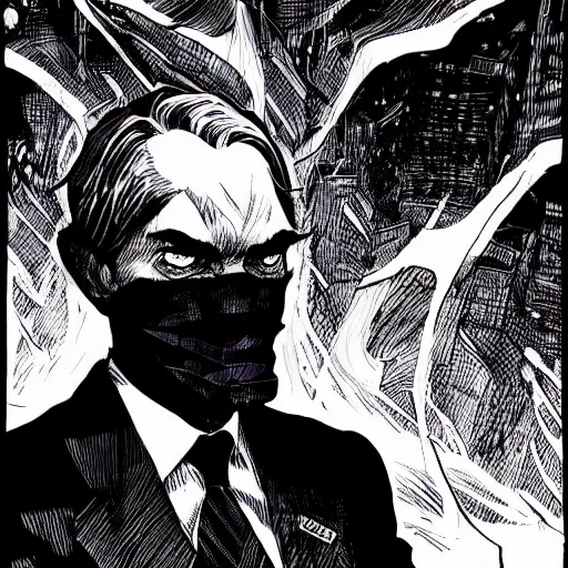 Image similar to Jerome Powell looking sinister, by Tsutomu Nihei, highly detailed