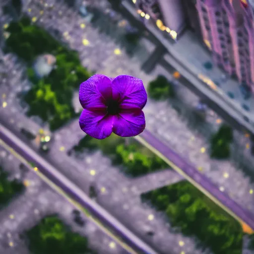 Prompt: closeup photo of 1 lone purple petal flying above moscow, city, aerial view, shallow depth of field, cinematic, 8 0 mm, f 1. 8