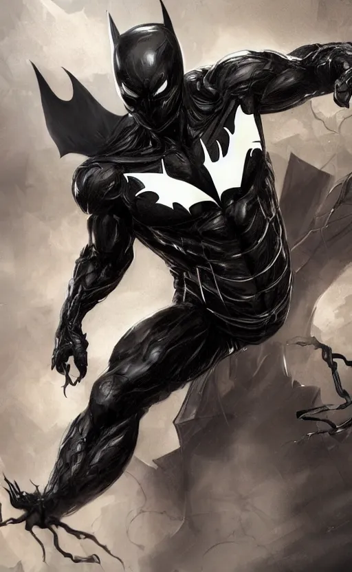 Image similar to venom as batman, dynamic lighting, photorealistic fantasy concept art, trending on art station, stunning visuals, terrifying, creative, cinematic