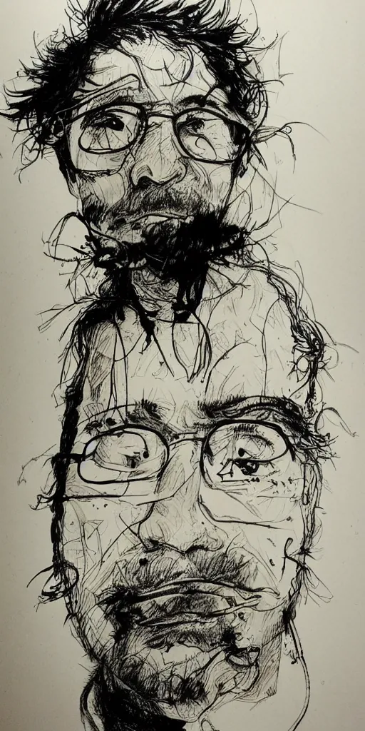 Prompt: a detailed loose wild messy ink sketch portrait of a Satoshi Nakamoto in the style of Ralph Steadman, caricature, dramatic