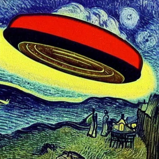 Prompt: van gough painting of a ufo flying at night.