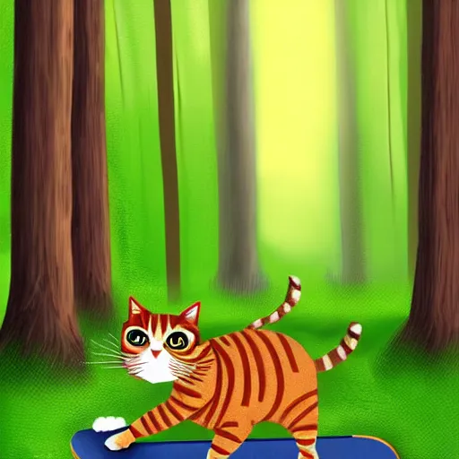 Image similar to a cat riding a skateboard in a forest, digital art