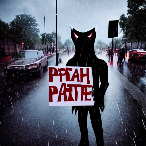 Prompt: a werewolf holding a protest sign outside a planned parenthood in the rain, photograph, fish eye lens, hyperrealism, unreal engine, artstation, 4k