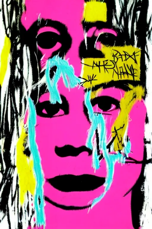 Prompt: an insane female with a weirdcore outfit, painting by jean michel basquiat, andy warhol,