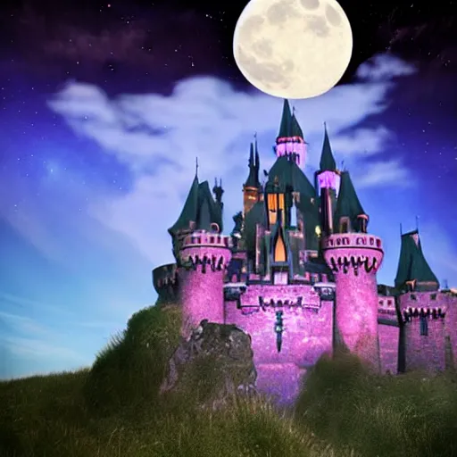 Prompt: realistic photo : a glowing sleeping beauty castle on a countryside at night under the stars, a full moon, and clouds