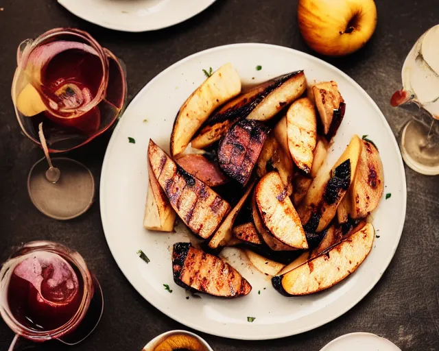 Prompt: 8 5 mm food photography of a plate full of grilled apples at restaurant with dof and bokeh and wine glasses o