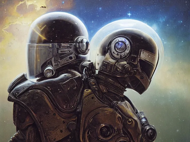 Prompt: a detailed profile portrait oil painting of a lone shock trooper in a space armour with reflective helmet, cinematic sci-fi poster. technology flight suit, bounty hunter portrait symmetrical and science fiction theme with lightning, aurora lighting clouds and stars by beksinski carl spitzweg and tuomas korpi. baroque elements, full-length view. baroque element. intricate artwork by caravaggio. Trending on artstation. 8k