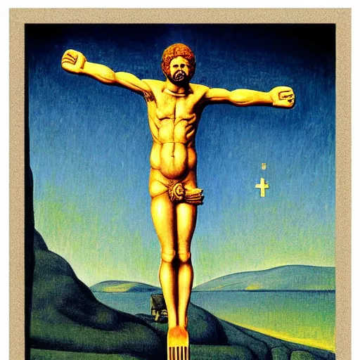 Prompt: figurative avant garde portrait of garfield cat crucified on the cross by magritte and edward hopper, inspired by william blake and gaugin, illusion surreal art, highly conceptual figurative art, intricate detailed illustration, holy poster art