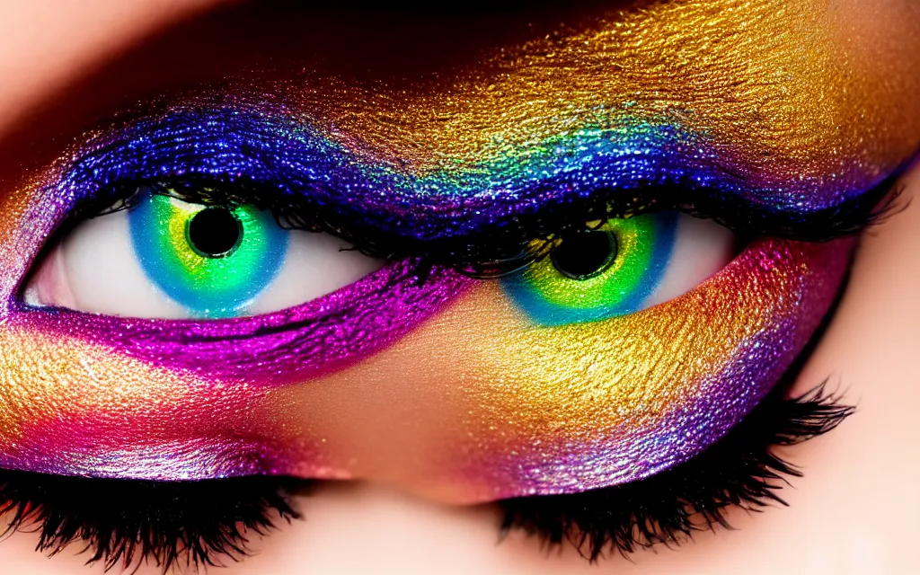 Prompt: closeup goldenhour photo of a pair of beautiful blue eyes of a woman with rainbow eyeshadow and ornate gold eyelashes, with rainbow light caustics
