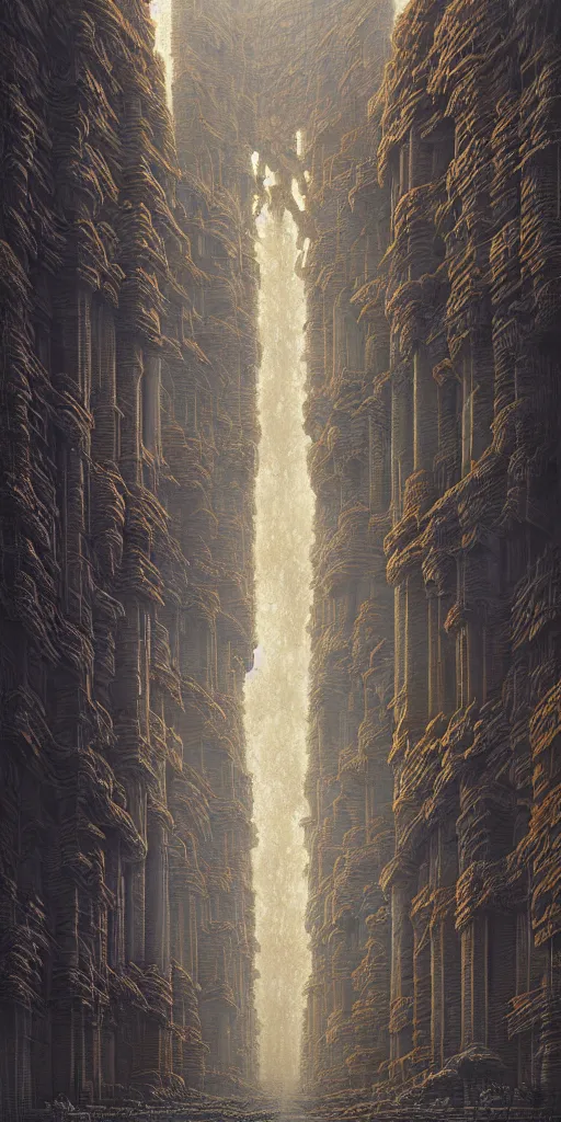 Image similar to landscape, infinite fractal column of stone, cyberpunk, sci fi, horror, monstrous, jewellery, highly detailed, complex, intricate, baroque, matte painting, cinematic, by rhads and mohrbacher and zdzislaw beksinski,