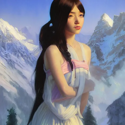 Image similar to oil painting by ilya kuvshinov,, baugh casey, artgerm craig mullins, sakimi, coby whitmore, of a youthful japanese girl, long hair, female warrior in the alps, highly detailed, otherworldly face, disney palace in background studio photography, noon, intense bounced light, water reflection, large tree casting shadow, by zack snyder