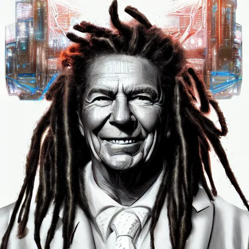 Image similar to portrait of ronald reagan with dreadlocks, cyberpunk setting, futuristic, highly detailed, intricate lighting, digital painting, sharp focus, illustration, trending on artstation, art by magali villenueve.