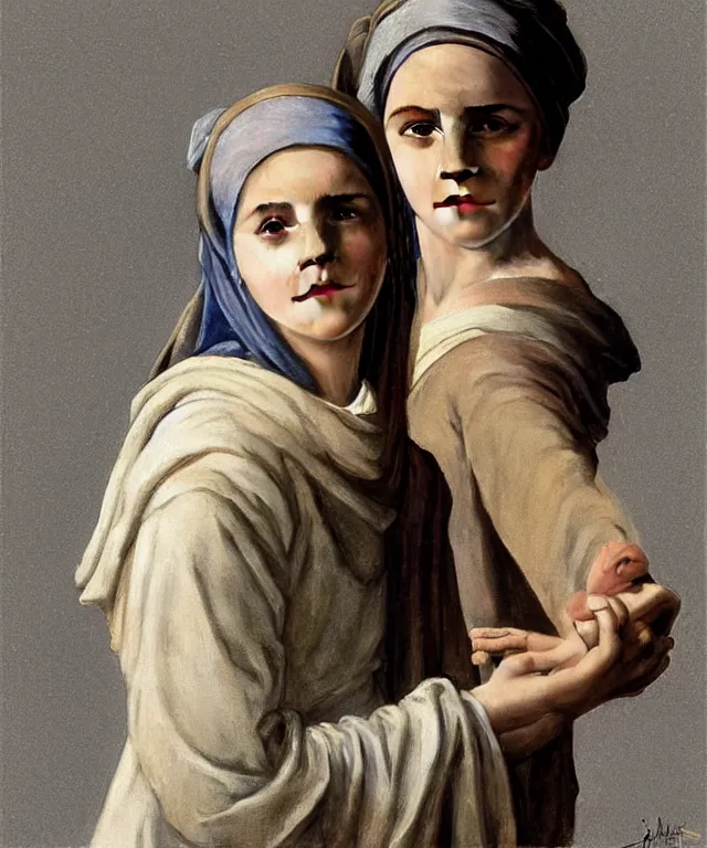 Image similar to Emma Watson as the girl with the pearl earring, highly detailed, digital painting, artstation, concept art, smooth, sharp focus, illustration, ArtStation, art by artgerm and greg rutkowski and alphonse mucha and J. C. Leyendecker and Edmund Blair Leighton and Katsuhiro Otomo and Geof Darrow and Phil hale and Ashley wood and Ilya repin and Charlie Bowater