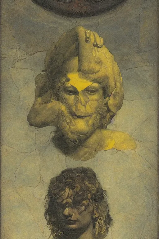 Prompt: the face of wisdom by roberto ferri, by Godward, by austin osman spare, blue and yellow lighting, intrincate details, non euclidian composition, ornatements flourishing, decaying flowers background texture, unnerving atmosphere