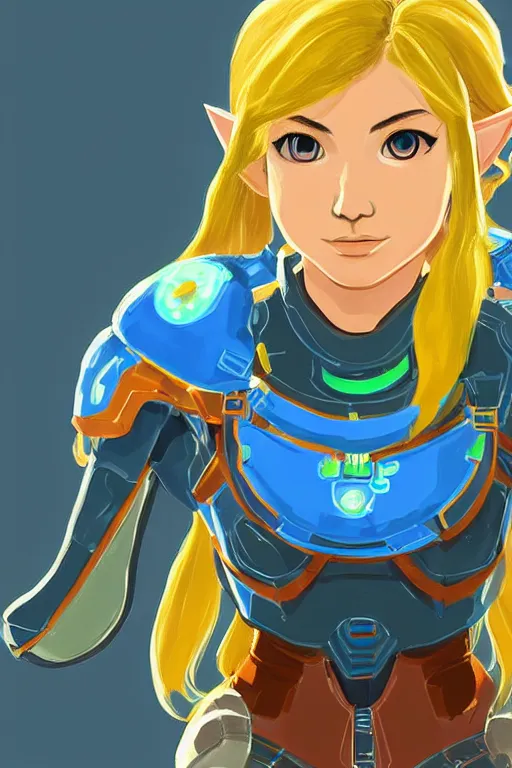 Image similar to a portrait of samus aran from the legend of zelda breath of the wild, breath of the wild art style.