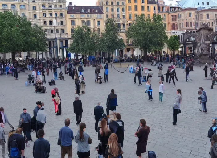 Image similar to a city square and everyone in the city square is wearing a vr headset ignoring each other