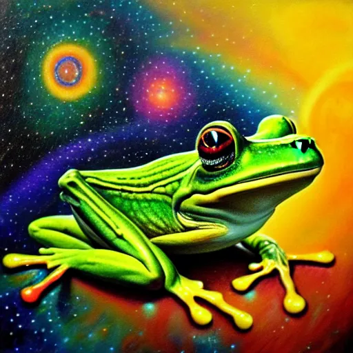 Image similar to the frog in the galactic nebular astral realm sacred journey in oil painting, trending on artstation, award winning, emotional, highly detailed surrealist art