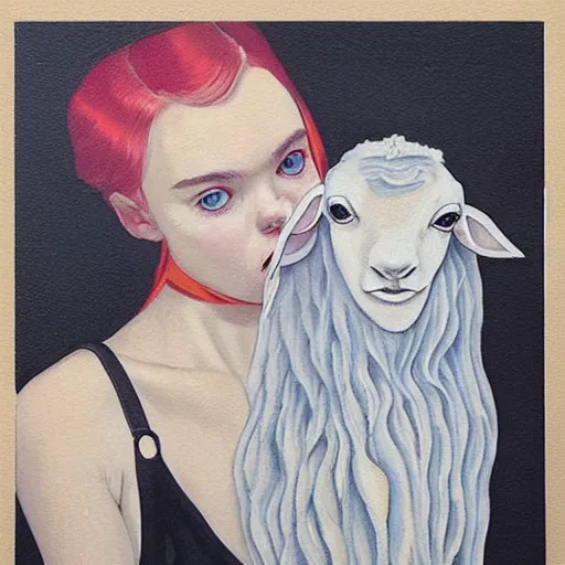 Prompt: Elle Fanning holding a lamb picture by Sachin Teng, asymmetrical, dark vibes, Realistic Painting , Organic painting, Matte Painting, geometric shapes, hard edges, graffiti, street art:2 by Sachin Teng:4