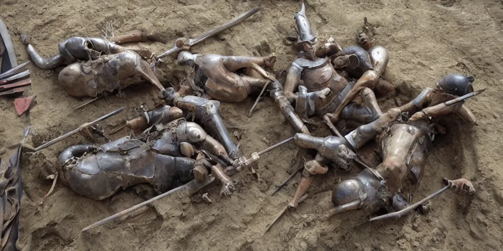 Prompt: archeological discovery of preserved remains of knights from a battle