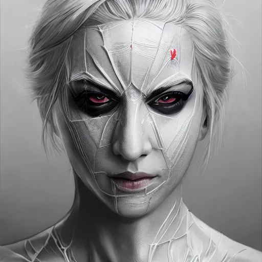 Image similar to full body portrait of white haired girl in spider man suit, super hero, webs, highly detailed, very beautiful face, very detailed eyes, digital art, artstation, concept art, smooth, sharp focus, greg rutkowski, wlop