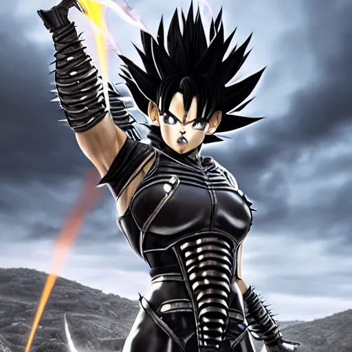 Image similar to warrior girl, muscular girl, wild spiky black saiyan hair, long spiky hair, electrified hair, wearing chrome silver armor and black spandex pants, ultra realistic, intricate details, highly detailed, subsurface scattering, photorealistic, octane render, 8 k, art by artgerm, greg rutkowski, magali villeneuve, alphonse mucha