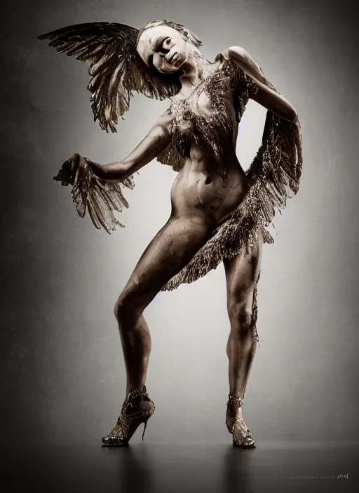 Prompt: expressive full body photo of an angels dancing, glamour shot, by jenny saville, by stefan gesell, photorealistic, canon r 3, fashion photography, hyper maximalist, elegant, ornate, luxury, elite, environmental portrait, symmetrical features, octane render, unreal engine, solid dark grey background, dramatic lights