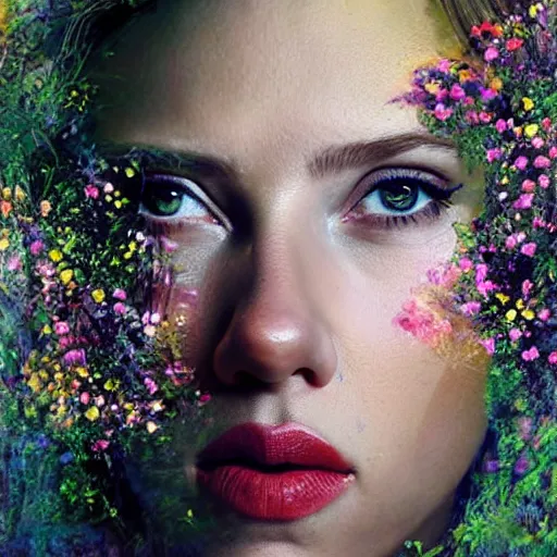 Image similar to Scarlett Johansson portrait with face made of wild flowers